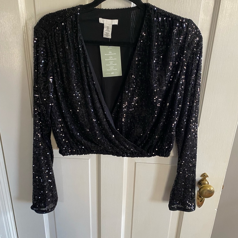 Black Sequin Wrap Crop Top Party Going Out Long Sleeve H&M NWT